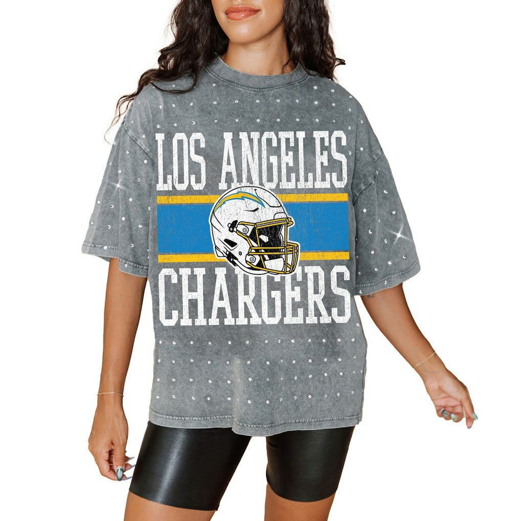 Los Angeles Chargers Gameday Couture Women's Oversized Mini Rhinestone Classic T-Shirt Gray - NFL