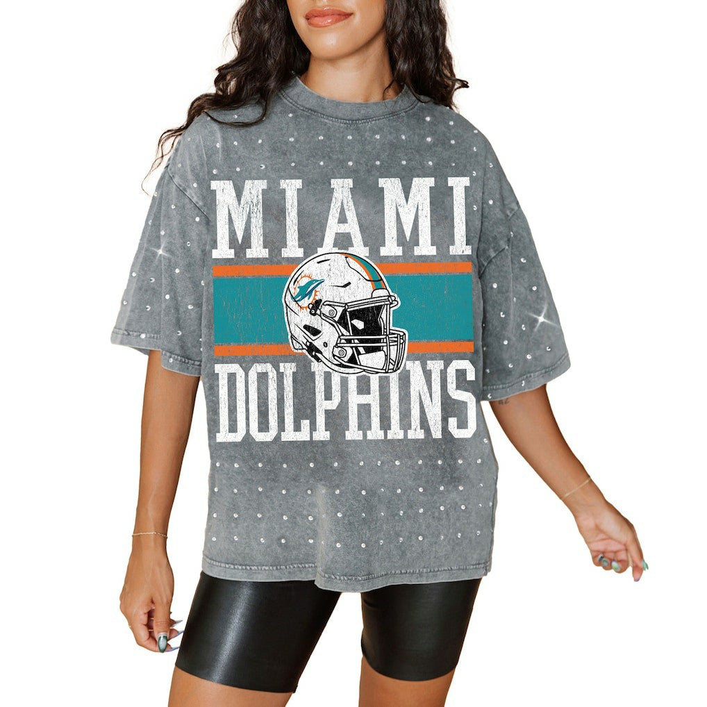 Miami Dolphins Gameday Couture Women's Oversized Mini Rhinestone Classic T-Shirt Gray - NFL