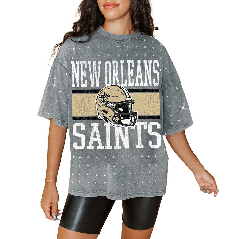 New Orleans Saints Gameday Couture Women's Oversized Mini Rhinestone Classic T-Shirt Gray - NFL