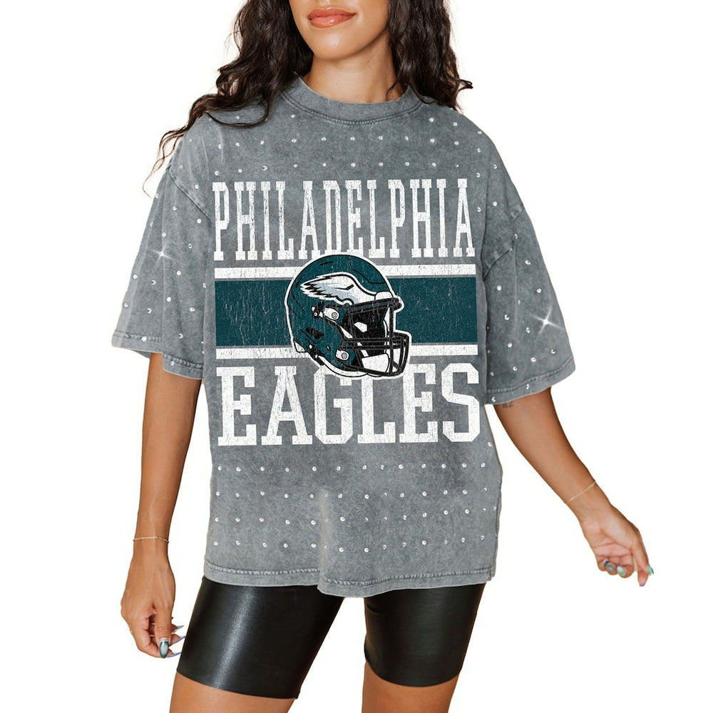 Philadelphia Eagles Gameday Couture Women's Oversized Mini Rhinestone Classic T-Shirt Gray - NFL