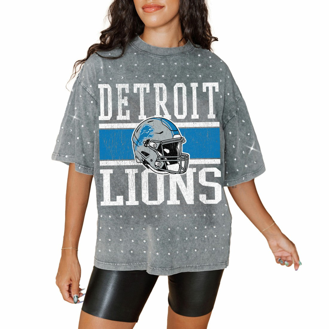 Detroit Lions Gameday Couture Women's Oversized Mini Rhinestone Classic T-Shirt Gray - NFL