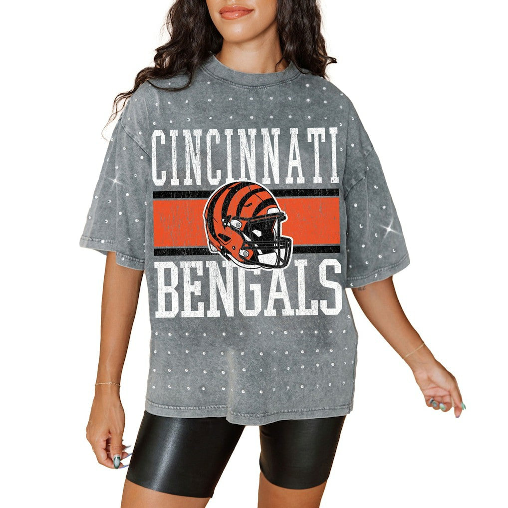 Cincinnati Bengals Gameday Couture Women's Oversized Mini Rhinestone Classic T-Shirt Gray - NFL