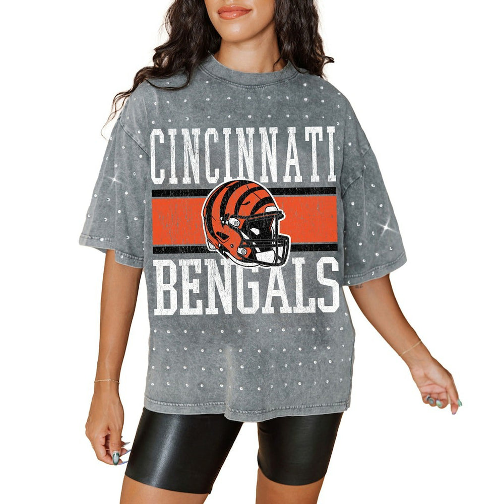 Cincinnati Bengals Gameday Couture Women's Oversized Mini Rhinestone Classic T-Shirt Gray - NFL