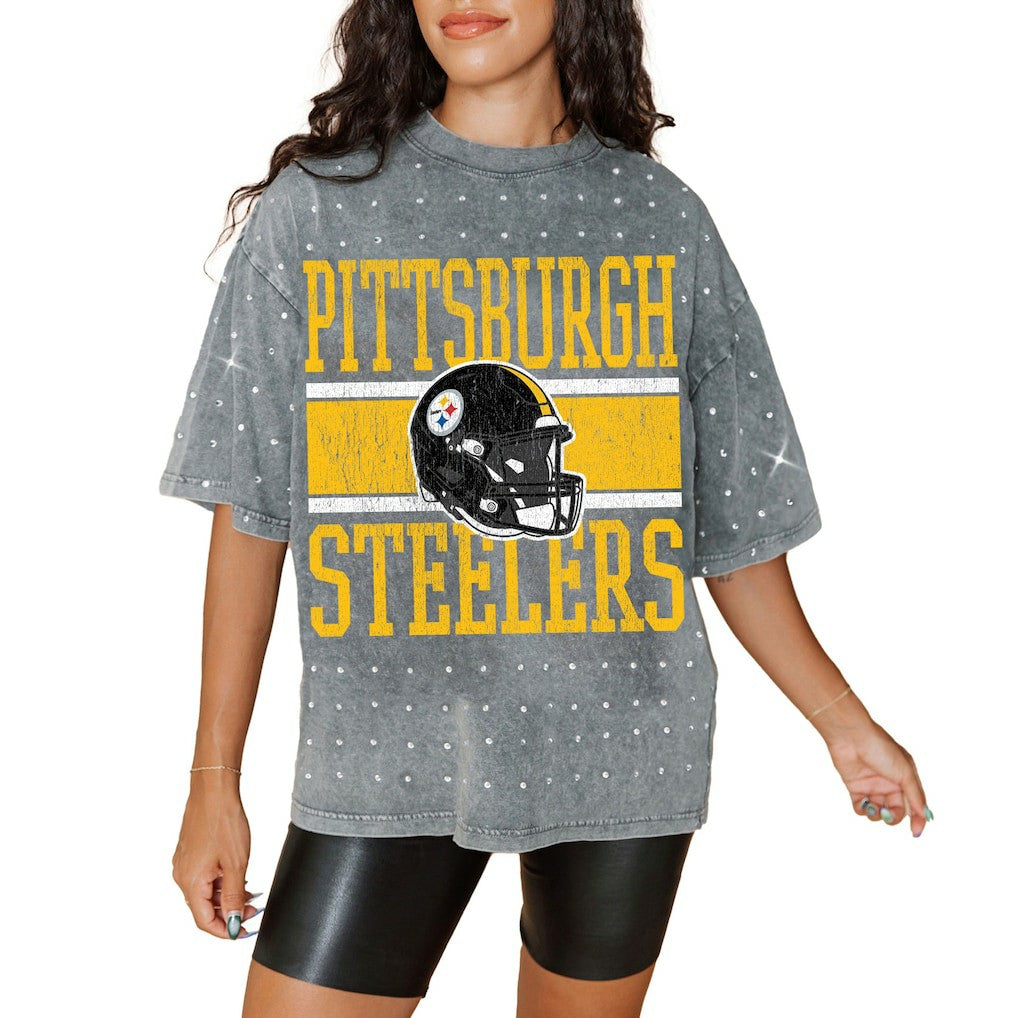 Pittsburgh Steelers Gameday Couture Women's Oversized Mini Rhinestone Classic T-Shirt Gray - NFL
