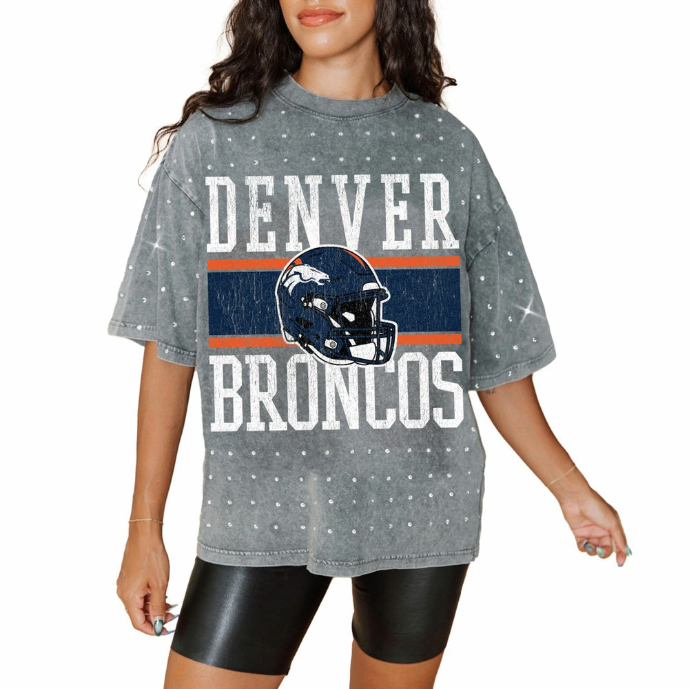 Denver Broncos Gameday Couture Women's Oversized Mini Rhinestone Classic T-Shirt Gray - NFL
