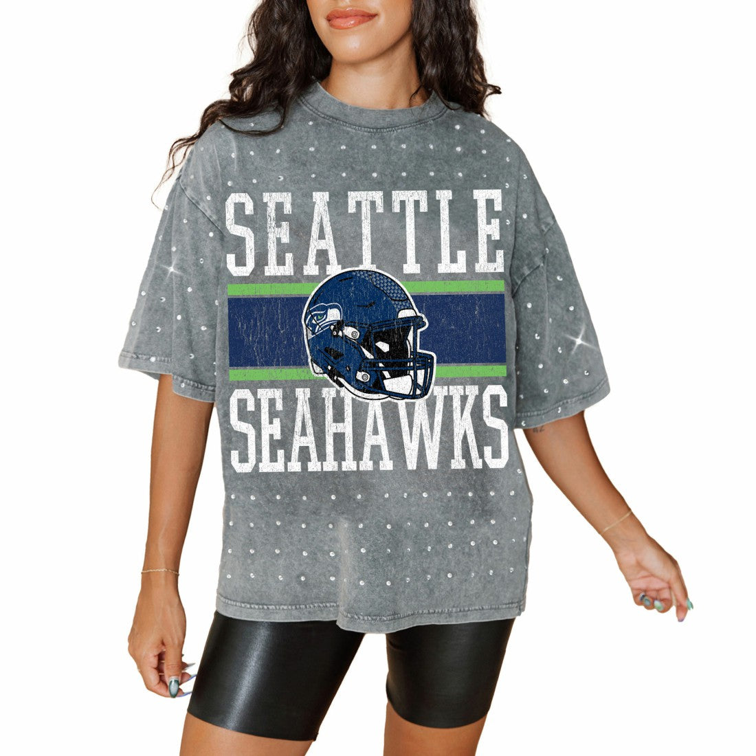 Seattle Seahawks Gameday Couture Women's Oversized Mini Rhinestone Classic T-Shirt Gray - NFL