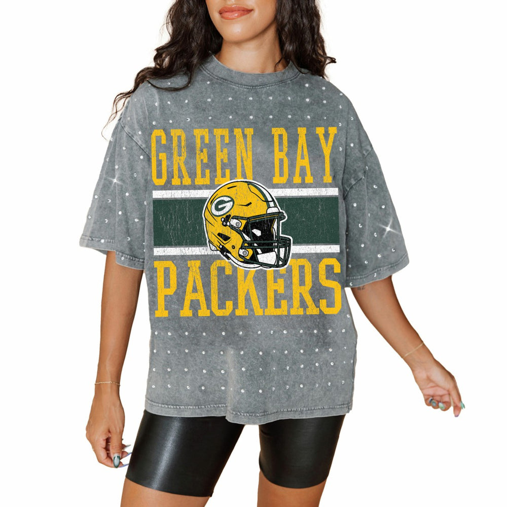 Green Bay Packers Gameday Couture Women's Oversized Mini Rhinestone Classic T-Shirt Gray - NFL
