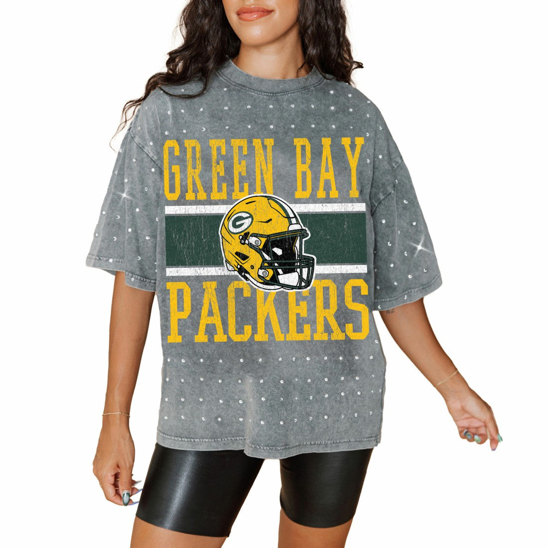 Green Bay Packers Gameday Couture Women's Oversized Mini Rhinestone Classic T-Shirt Gray - NFL