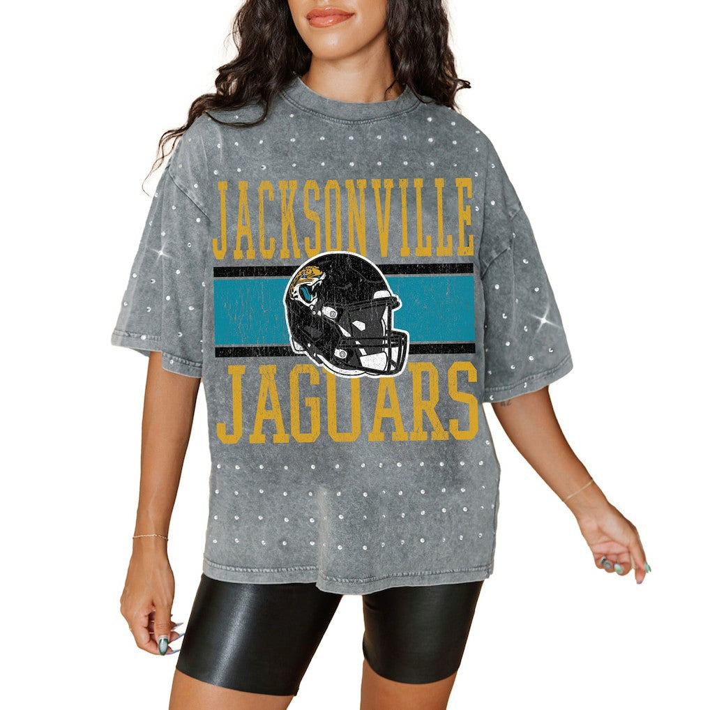 Jacksonville Jaguars Gameday Couture Women's Oversized Mini Rhinestone Classic T-Shirt Gray - NFL