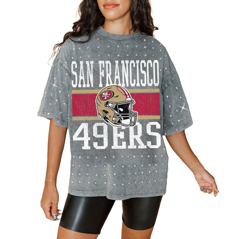San Francisco 49ers Gameday Couture Women's Oversized Mini Rhinestone Classic T-Shirt Gray - NFL