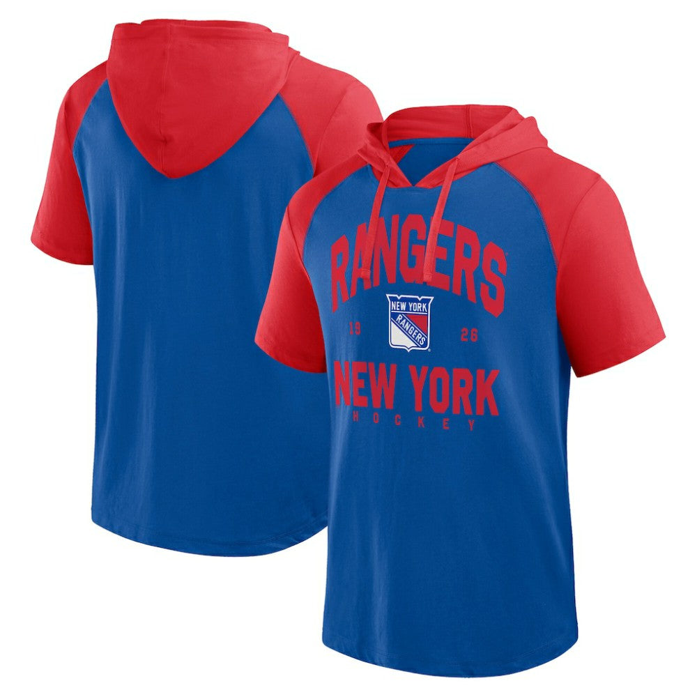 New York Rangers Logo Athletic Prime Raglan Short Sleeve Pullover Hoodie Blue