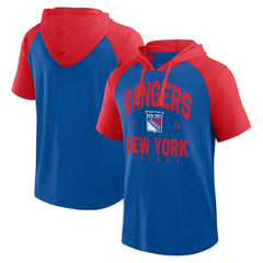 New York Rangers Logo Athletic Prime Raglan Short Sleeve Pullover Hoodie Blue