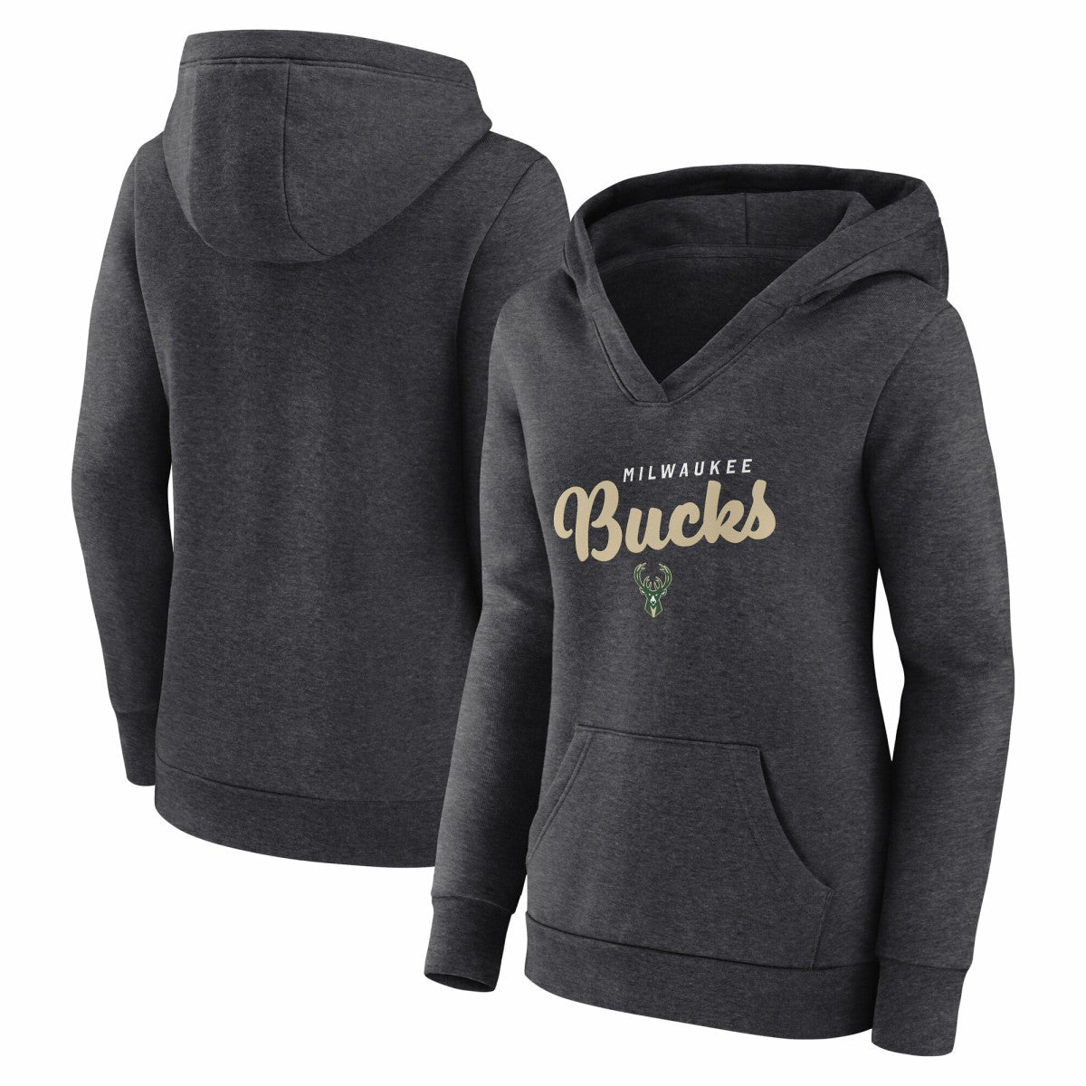 NBA - Milwaukee Bucks Logo Athletic Women's Triumphant V-Neck Pullover Hoodie - Heather Charcoal