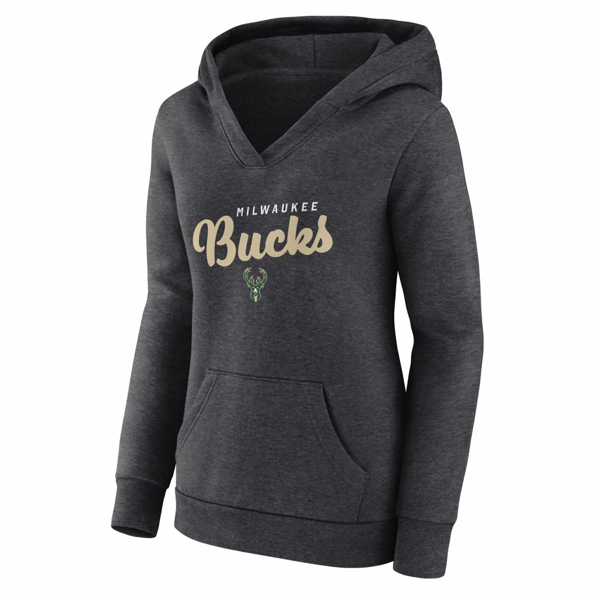 NBA - Milwaukee Bucks Logo Athletic Women's Triumphant V-Neck Pullover Hoodie - Heather Charcoal