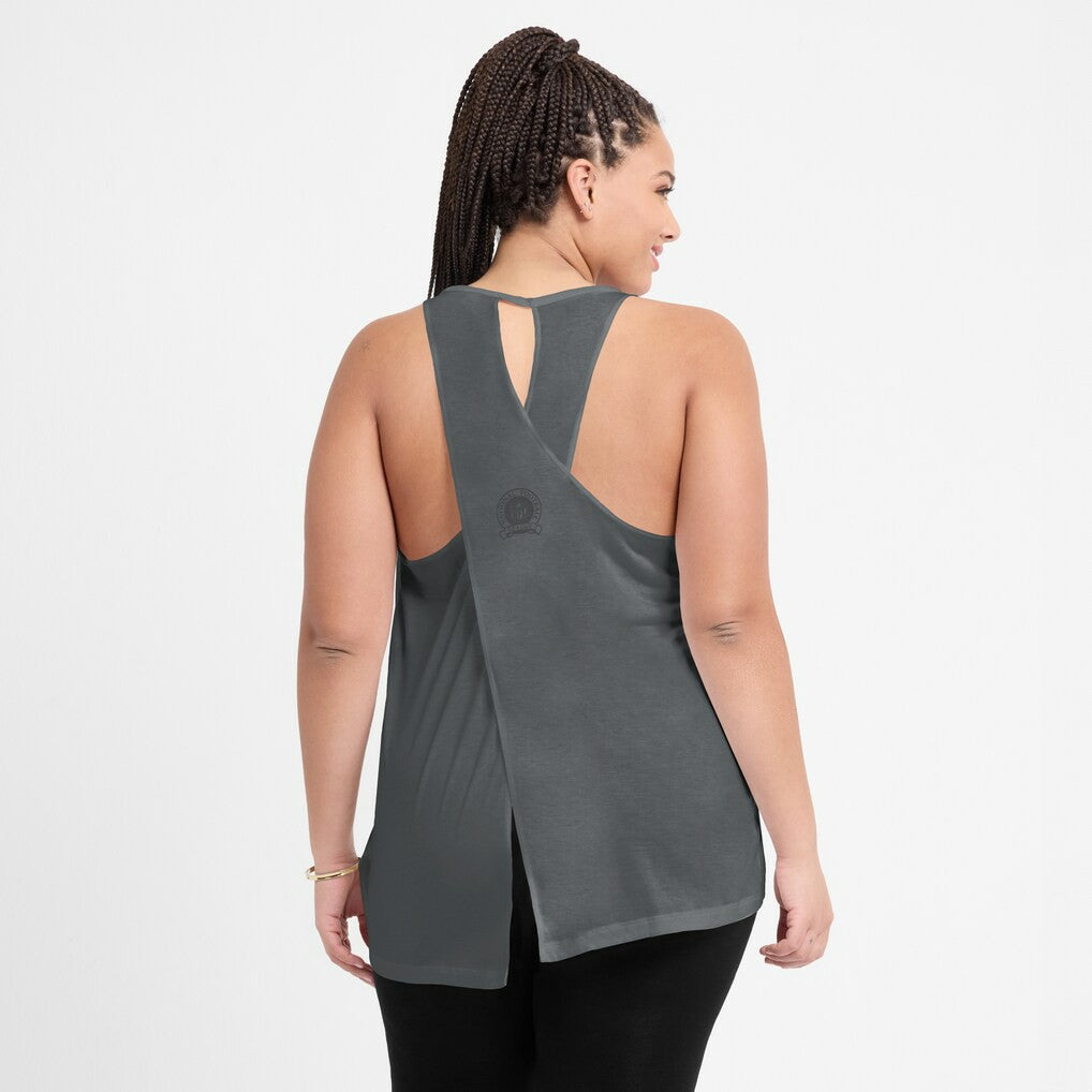Las Vegas Raiders Women's Glory Open-Back Crisscross Dri-FIT Tank Top Charcoal - Nike