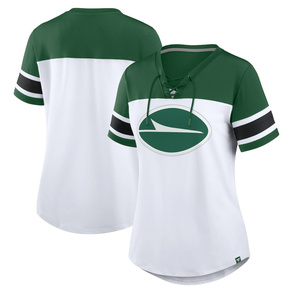 New York Jets Women's Athena Rhinestone Lace-Up V-Neck T-Shirt White/Green - Fanatics