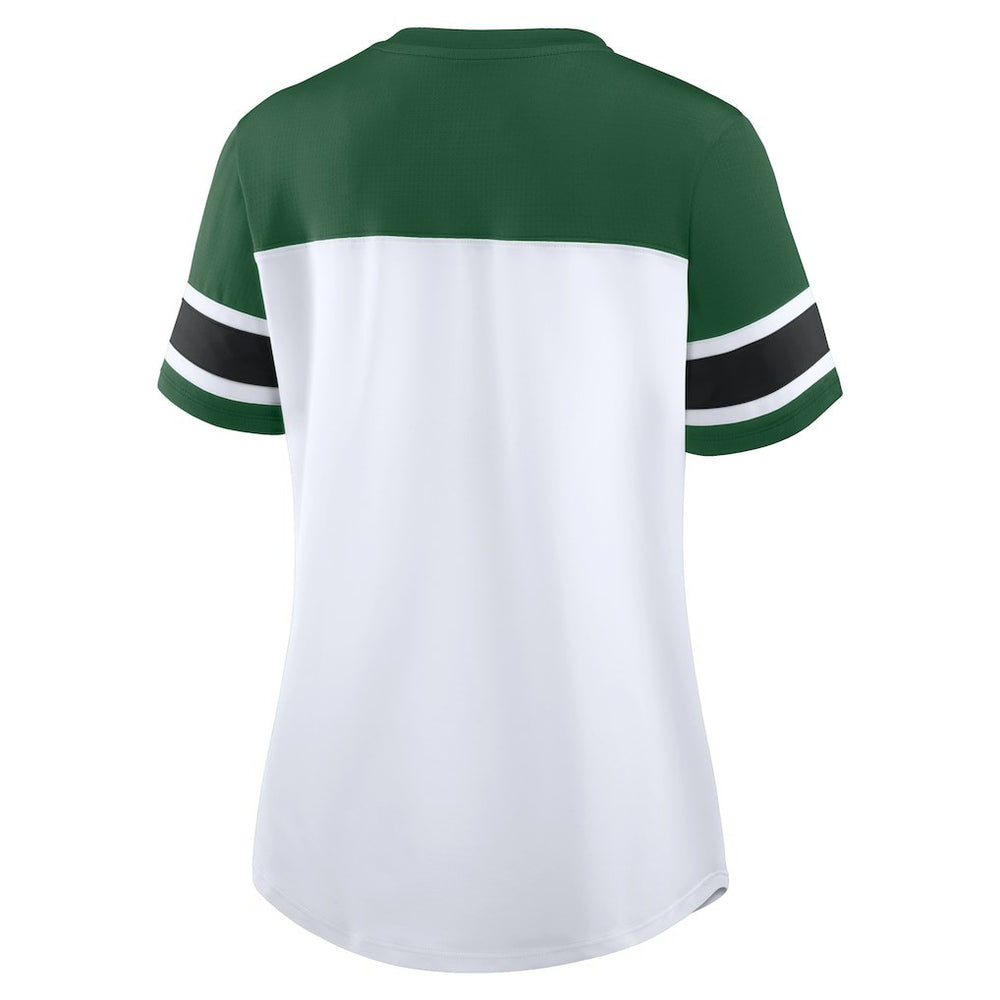 New York Jets Women's Athena Rhinestone Lace-Up V-Neck T-Shirt White/Green - Fanatics