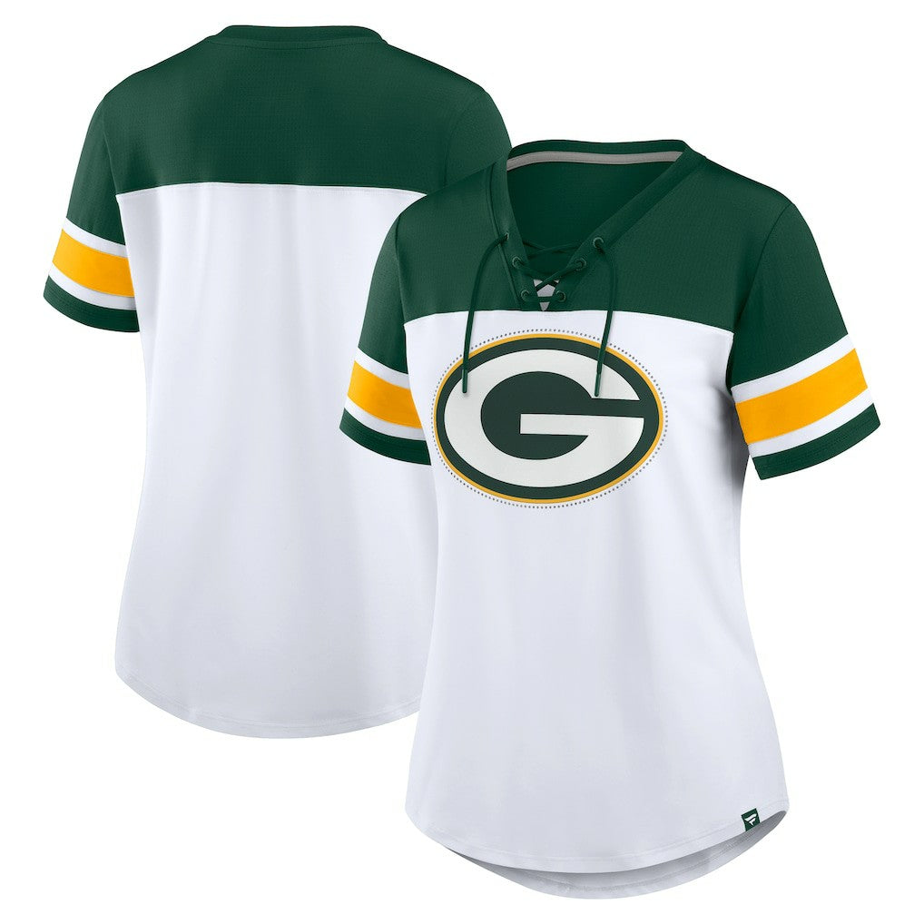 Green Bay Packers Women's Athena Rhinestone Lace-Up V-Neck T-Shirt White/Green - Fanatics