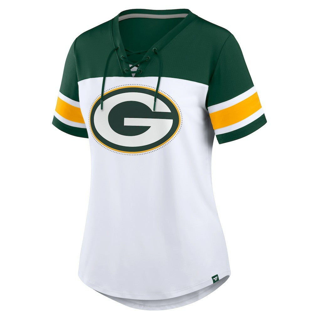 Green Bay Packers Women's Athena Rhinestone Lace-Up V-Neck T-Shirt White/Green - Fanatics