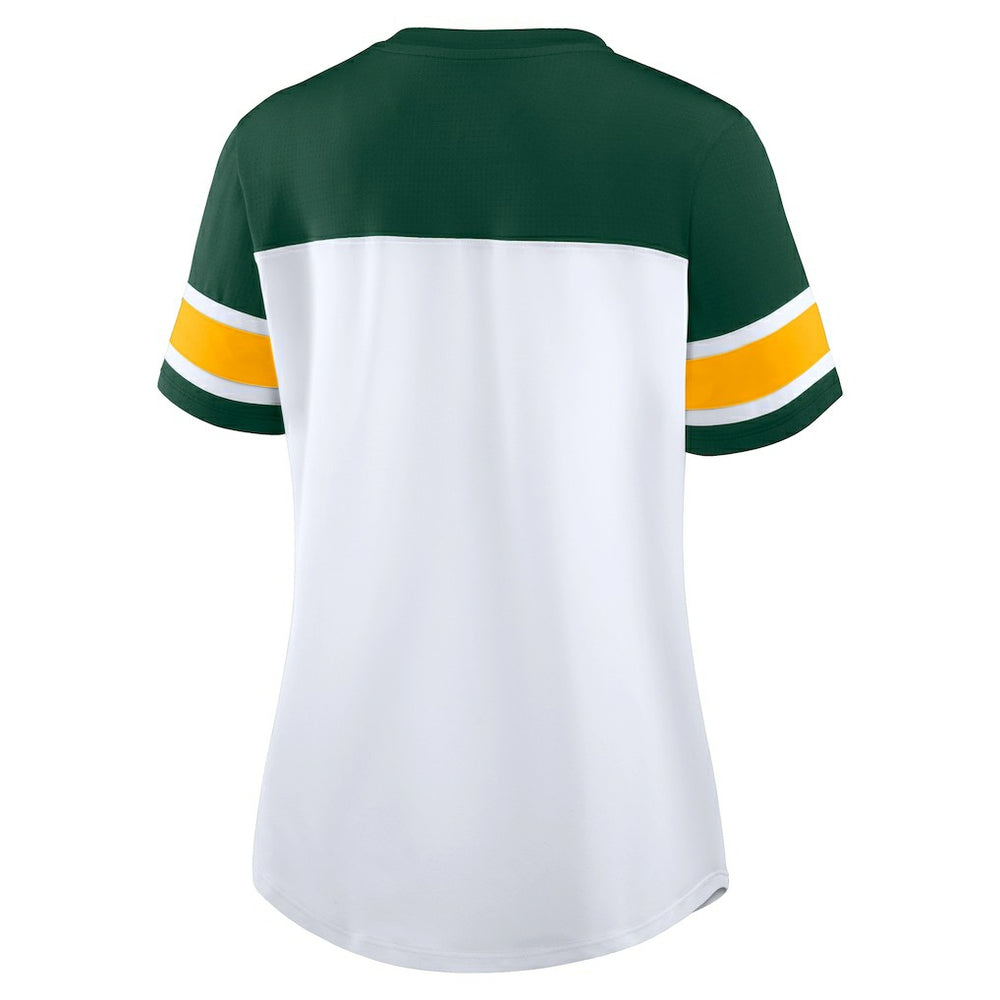 Green Bay Packers Women's Athena Rhinestone Lace-Up V-Neck T-Shirt White/Green - Fanatics