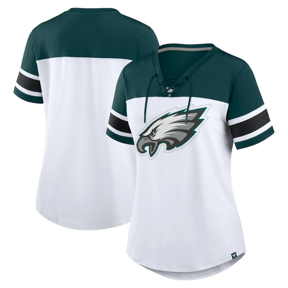 Philadelphia Eagles Women's Athena Rhinestone Lace-Up V-Neck T-Shirt White/Midnight Green - Fanatics