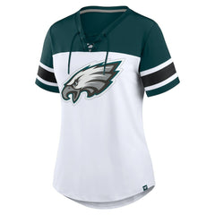 Philadelphia Eagles Women's Athena Rhinestone Lace-Up V-Neck T-Shirt White/Midnight Green - Fanatics