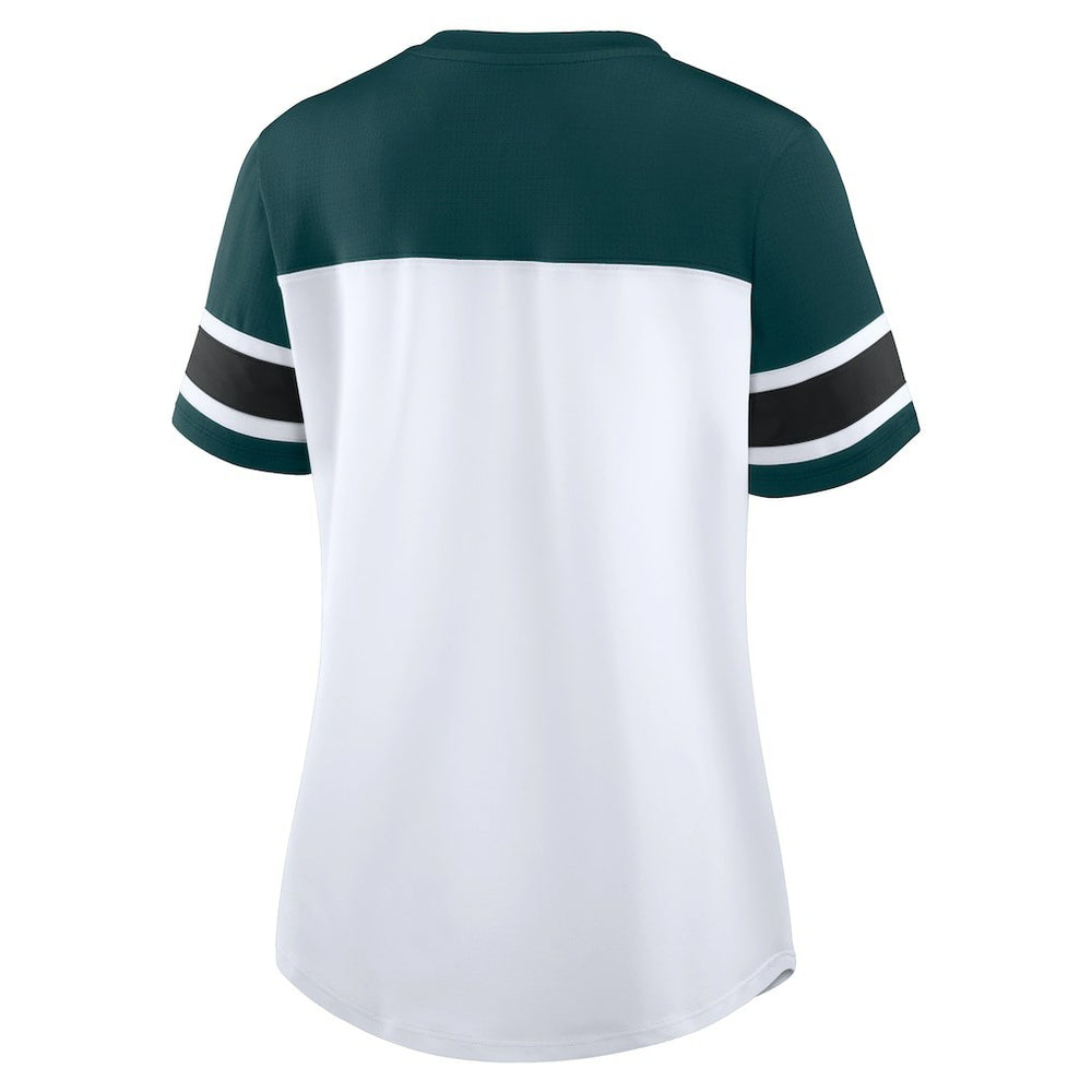 Philadelphia Eagles Women's Athena Rhinestone Lace-Up V-Neck T-Shirt White/Midnight Green - Fanatics