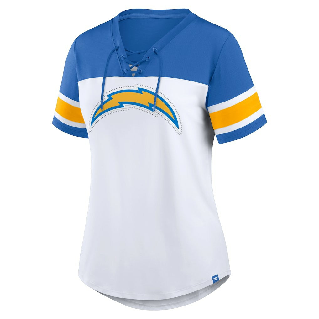 Los Angeles Chargers Women's Athena Rhinestone Lace-Up V-Neck T-Shirt White/Powder Blue - Fanatics