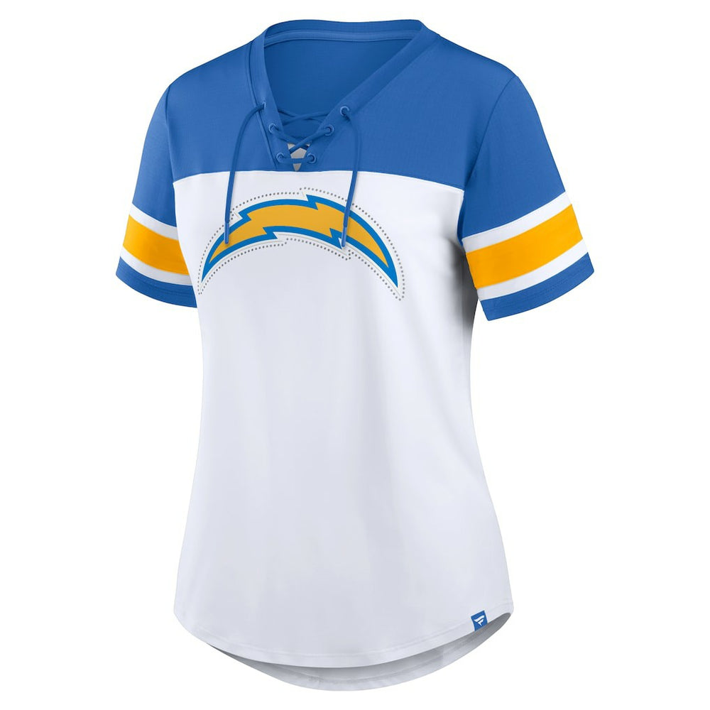 Los Angeles Chargers Women's Athena Rhinestone Lace-Up V-Neck T-Shirt White/Powder Blue - Fanatics