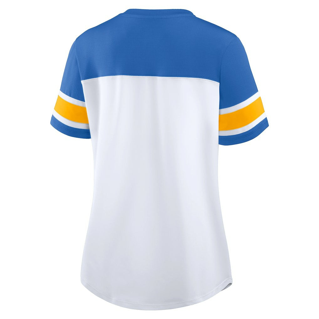 Los Angeles Chargers Women's Athena Rhinestone Lace-Up V-Neck T-Shirt White/Powder Blue - Fanatics