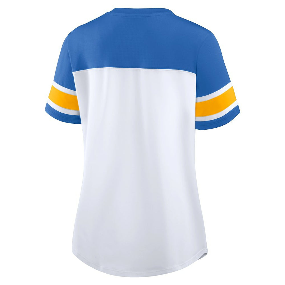 Los Angeles Chargers Women's Athena Rhinestone Lace-Up V-Neck T-Shirt White/Powder Blue - Fanatics