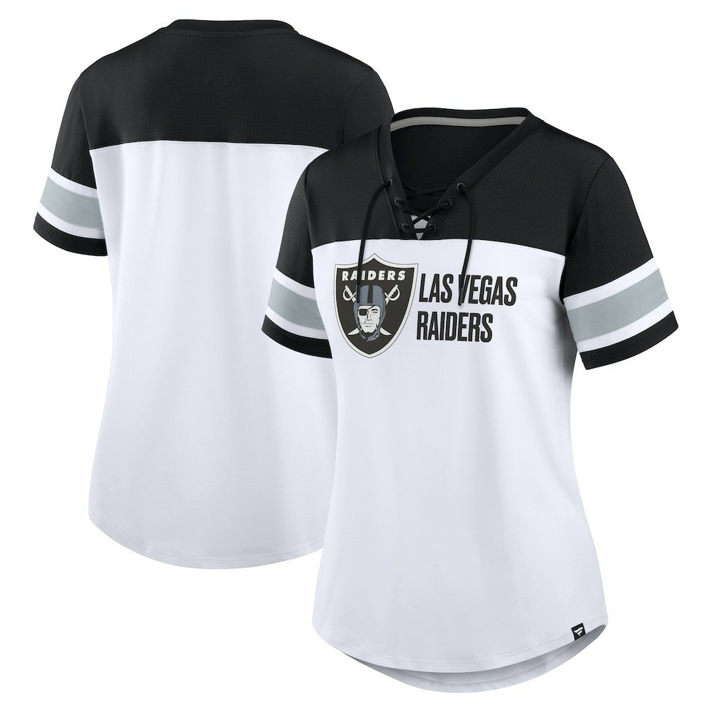 Las Vegas Raiders Women's Athena Lace-Up V-Neck T-Shirt White/Black - Fanatics