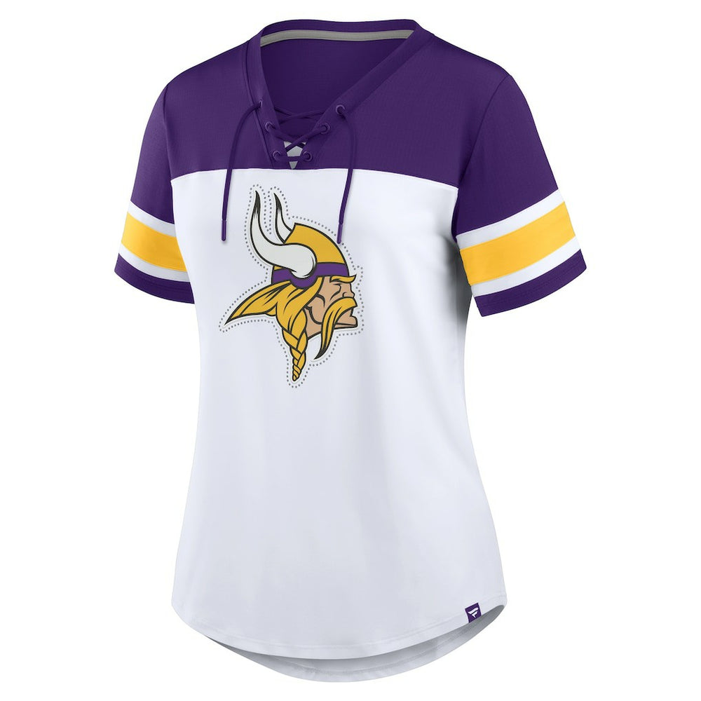 Minnesota Vikings Women's Athena Rhinestone Lace-Up V-Neck T-Shirt White/Purple - Fanatics