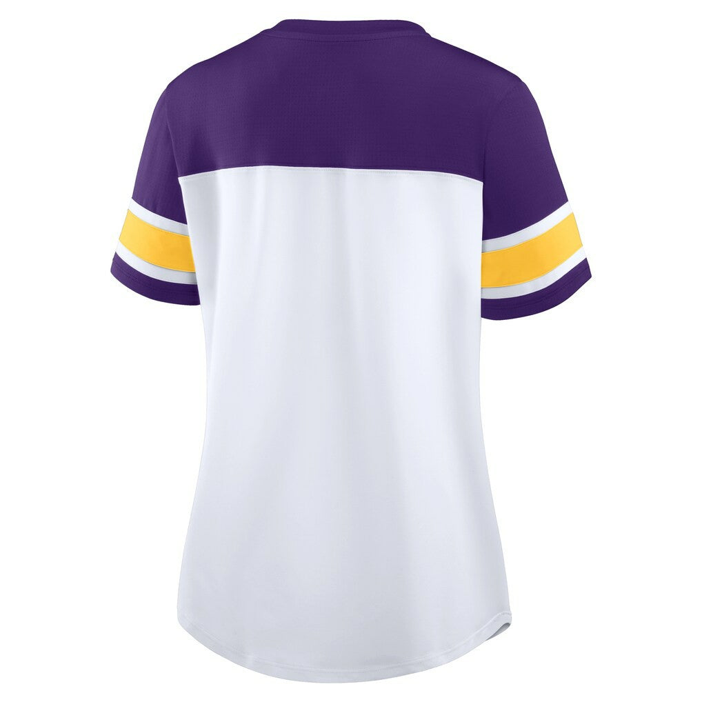 Minnesota Vikings Women's Athena Rhinestone Lace-Up V-Neck T-Shirt White/Purple - Fanatics