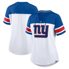 New York Giants Women's Athena Rhinestone Lace-Up V-Neck T-Shirt White/Royal - Fanatics