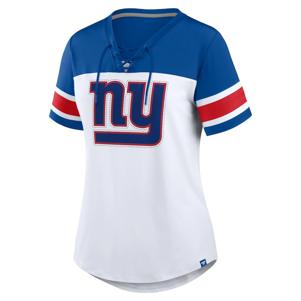 New York Giants Women's Athena Rhinestone Lace-Up V-Neck T-Shirt White/Royal - Fanatics