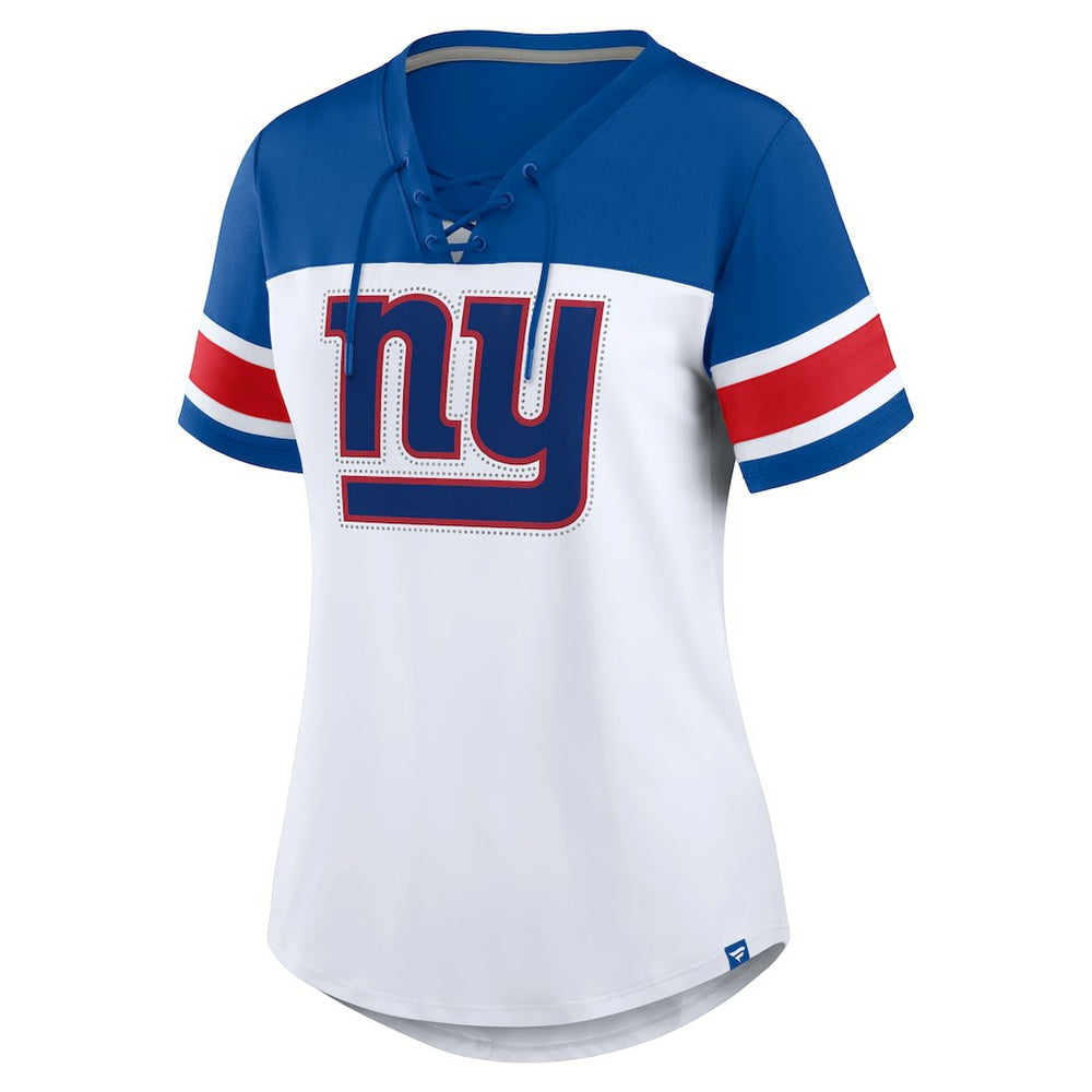 New York Giants Women's Athena Rhinestone Lace-Up V-Neck T-Shirt White/Royal - Fanatics