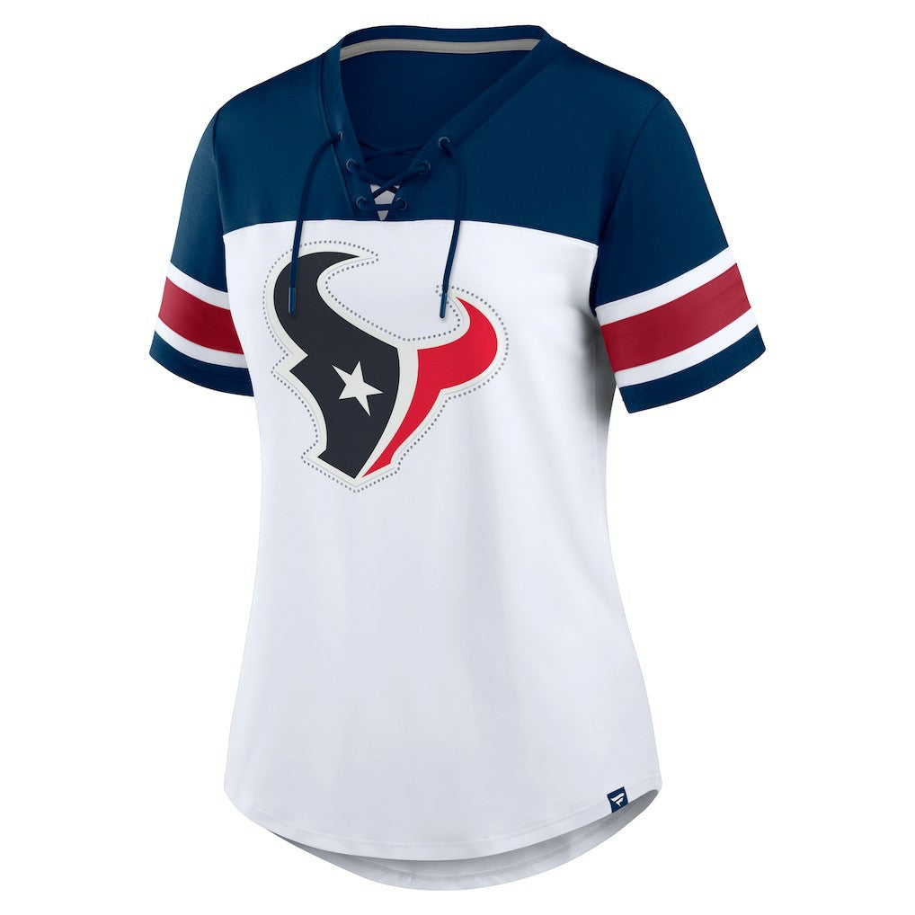 Houston Texans Women's Athena Rhinestone Lace-Up V-Neck T-Shirt White/Navy - Fanatics