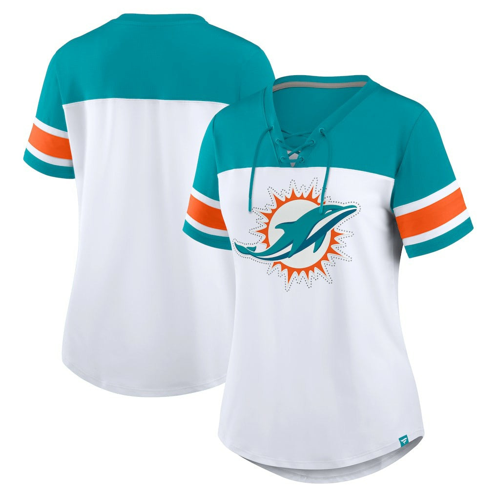 Miami Dolphins Women's Athena Rhinestone Lace-Up V-Neck T-Shirt White/Aqua - Fanatics