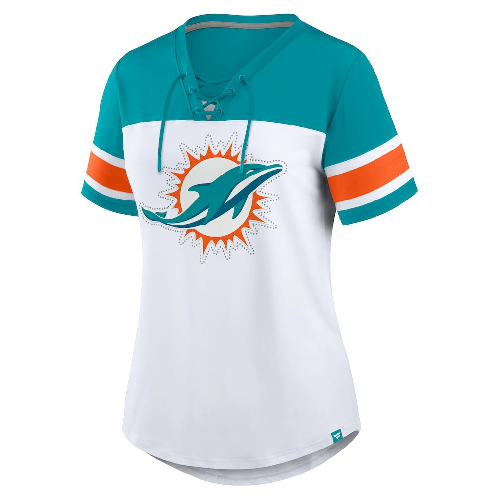 Miami Dolphins Women's Athena Rhinestone Lace-Up V-Neck T-Shirt White/Aqua - Fanatics