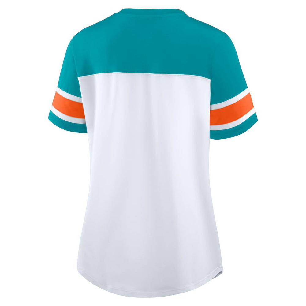 Miami Dolphins Women's Athena Rhinestone Lace-Up V-Neck T-Shirt White/Aqua - Fanatics