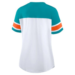 Miami Dolphins Women's Athena Rhinestone Lace-Up V-Neck T-Shirt White/Aqua - Fanatics