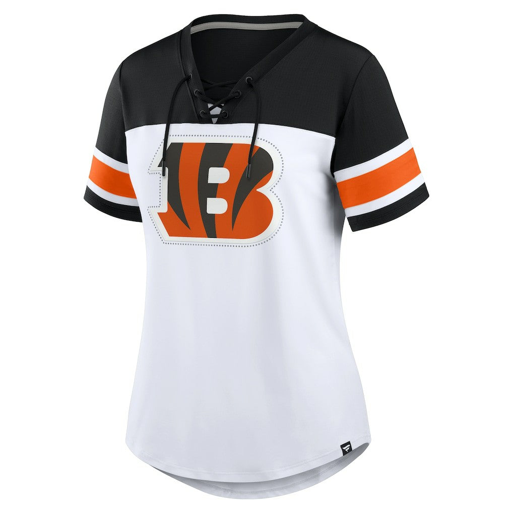 Cincinnati Bengals Women's Athena Rhinestone Lace-Up V-Neck T-Shirt White/Black - Fanatics