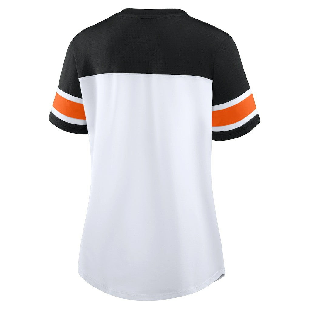 Cincinnati Bengals Women's Athena Rhinestone Lace-Up V-Neck T-Shirt White/Black - Fanatics