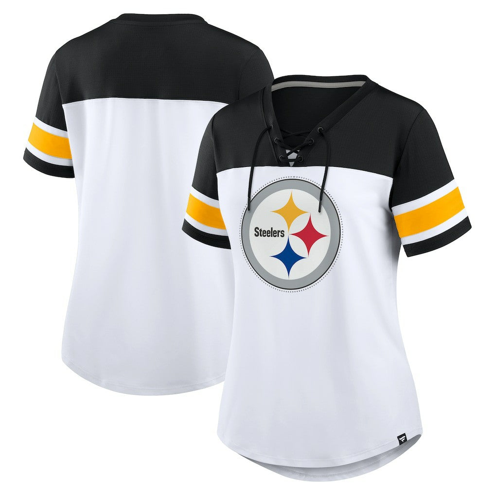 Pittsburgh Steelers Women's Athena Rhinestone Lace-Up V-Neck T-Shirt White/Black - Fanatics