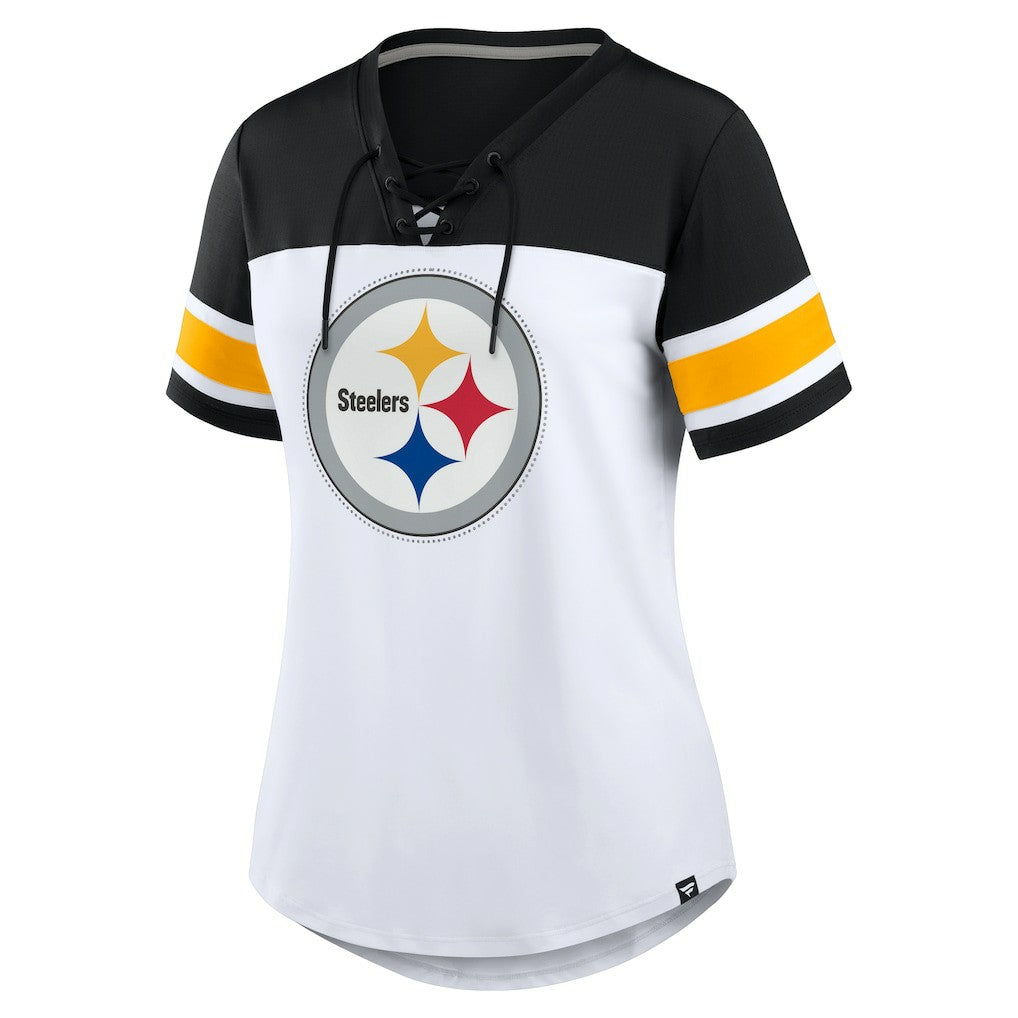 Pittsburgh Steelers Women's Athena Rhinestone Lace-Up V-Neck T-Shirt White/Black - Fanatics