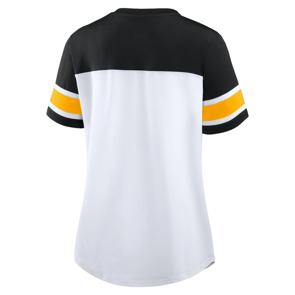 Pittsburgh Steelers Women's Athena Rhinestone Lace-Up V-Neck T-Shirt White/Black - Fanatics