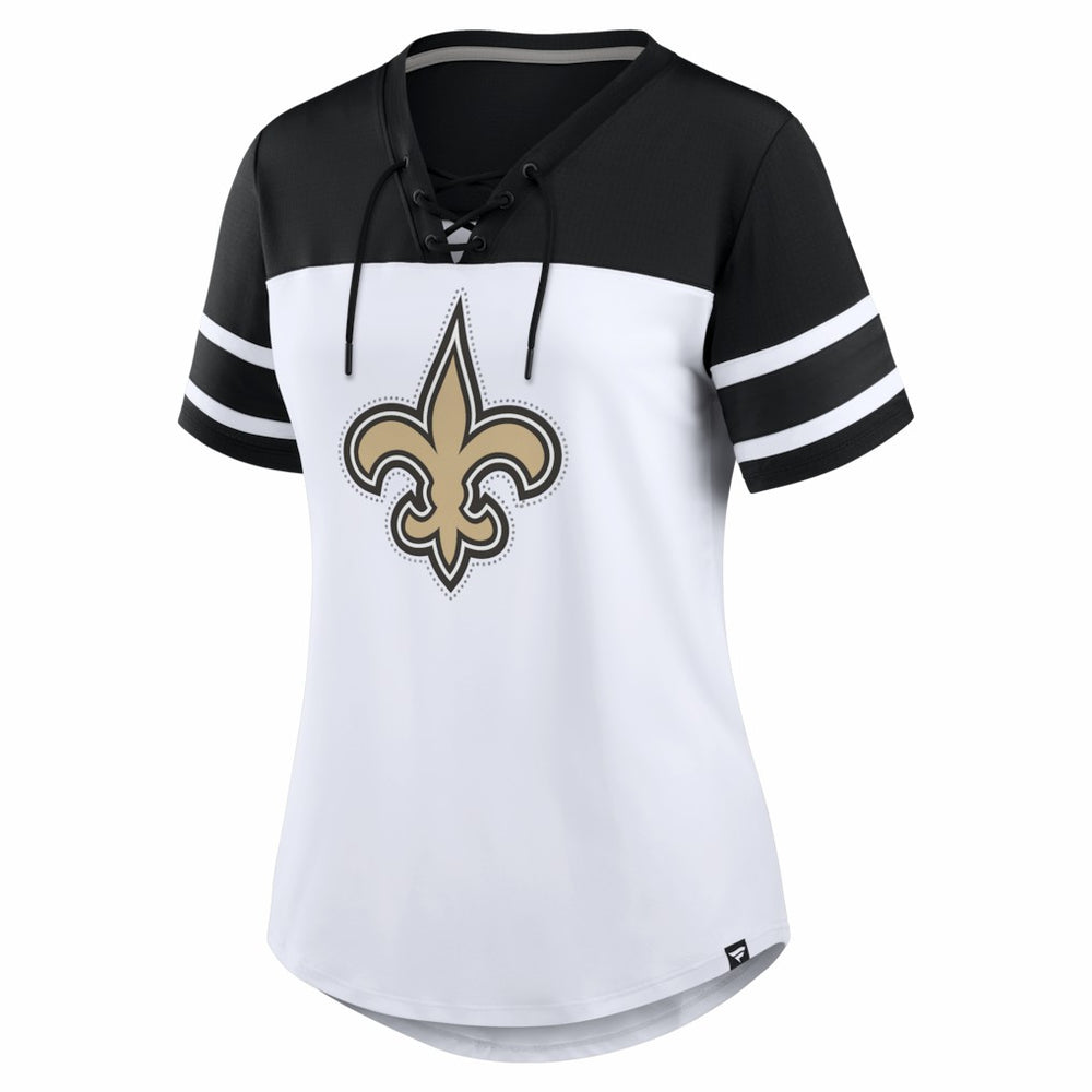 New Orleans Saints Women's Athena Rhinestone Lace-Up V-Neck T-Shirt White/Black - Fanatics