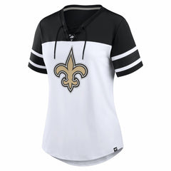 New Orleans Saints Women's Athena Rhinestone Lace-Up V-Neck T-Shirt White/Black - Fanatics