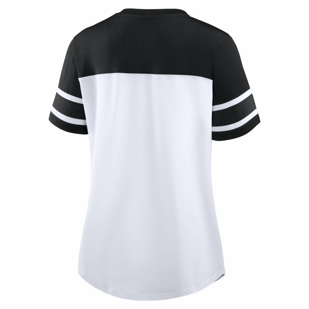 New Orleans Saints Women's Athena Rhinestone Lace-Up V-Neck T-Shirt White/Black - Fanatics